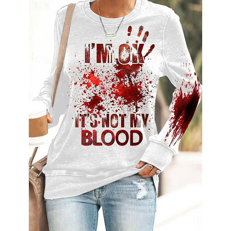 Halloween Women's Pullover Sweatshirt Bloodstain Graphic Casual Long Sleeve Crew Neck Round Neck Regular Tops Street Casual Holiday Print White Pink Blue Orange Gray Spring Fall Winter
