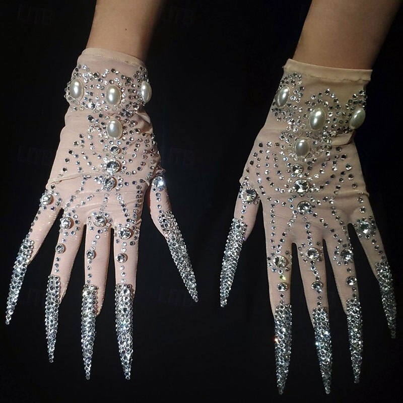 Rhinestone Sparkly Gloves Women Long Glitter Mesh Sheer Elbow Length Opera Novelty Gloves With Nails Nude One Size2