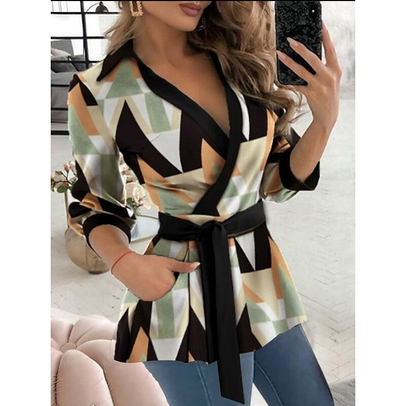 Women's Blouse Geometric Elegant Stylish Basic Long Sleeve V Neck Regular Tops Daily Lace up Print Black And White Black White Blue Green Summer Spring Fall
