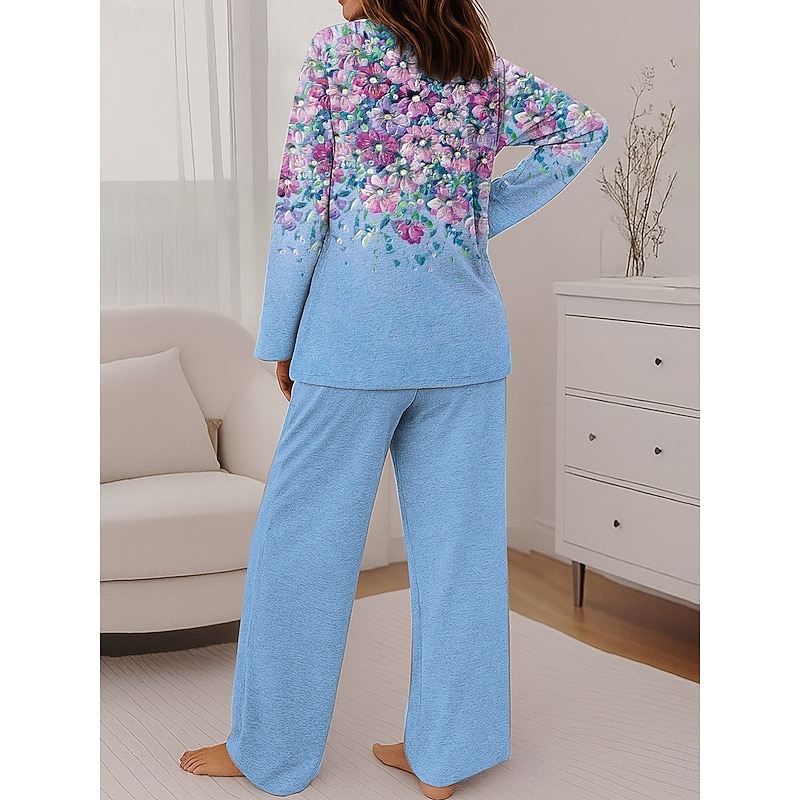 Women's Fashion T Shirt Pants Sets Long Sleeve Round Neck Floral Graphic Print Casual Daily Pink Blue Green Spring Regular Fit2