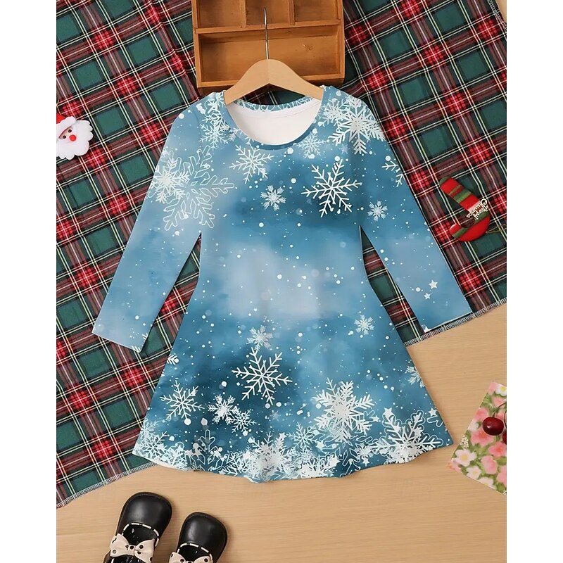 Christmas Girls' 3D Elk Snowflake Dress Long Sleeve Summer Spring Vacation Daily Holiday Princess Beautiful Sweet Kids 4-12 Years Casual Dress A Line Dress Knee-length Regular Fit3