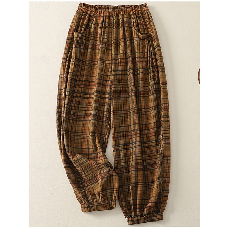 Women's Cotton Linen Pants Chinos Vacation Vintage Ethnic Style Full Length High Waist Plaid Pocket Drawstring Print Comfort Outdoor Stretchy Vacation Street Causal Yellow Orange Summer Spring3