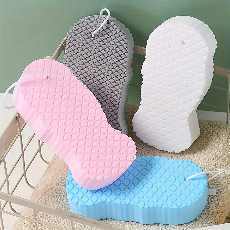 4 Pack Super Soft Exfoliating Bath Sponge – Hypoallergenic 3D Body Scrubber, TPR Material, Manual Deep Cleansing & Skin Smoothing, Pink/Blue/White/Gray