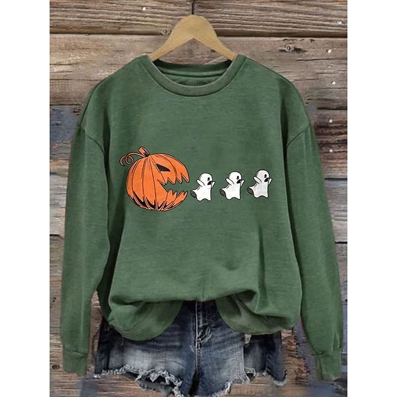 Halloween Women's Sweatshirts Pumpkin Graphic Casual Long Sleeve Crew Neck Regular Tops Street Dailywear Casual Print Black White Green Fall Winter3