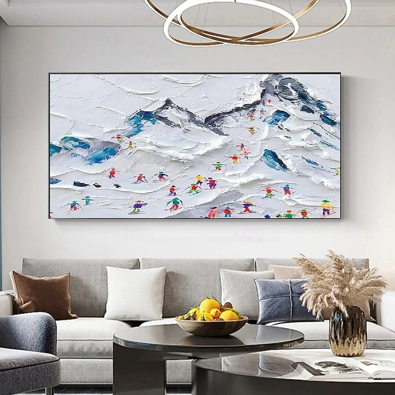 Large Handmade Oil Painting Skiers on Snowy oil painting  Peaks Vibrant Coats Textured Alpine Slope Artwork Wall Art Modern Room Decor3