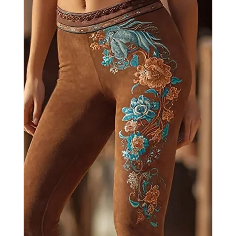 Women's Pants Trousers Leggings Cozy Leggings Streetwear Boho Full Length High Waist Flower Elastic Waist Print Breathability Comfortable Stretchy Vacation Street Daily Wear Brown Spring Fall Regular2