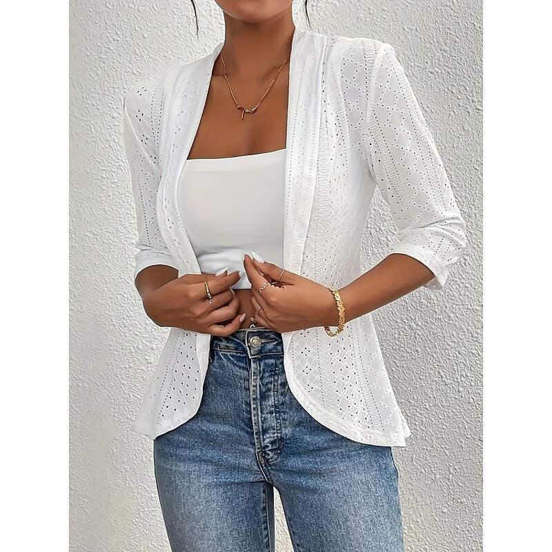 Women's Blazer Comfortable Breathable Cut Out Elegant Fashion Plain Work Daily Regular Turndown Regular Fit 3/4 Length Sleeve Outerwear White Spring Fall
