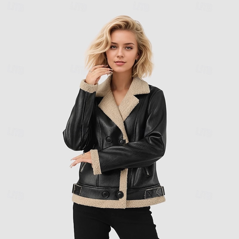 Women's Faux Leather Jacket Fleece Jacket Warm Zipper Pocket Buttons Vintage Fashion Casual Plain Street Casual Daily Wear Short Notch Lapel Regular Fit Long Sleeve Outerwear Black Fall Winter3