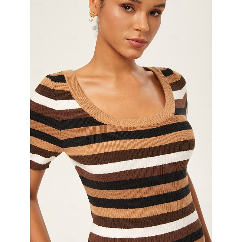 Coffee Striped Fitted Maxi Dress4