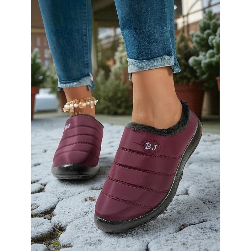 Women's Burgundy Waterproof Winter Slip-On Shoes – Warm Fur-Lined Anti-Slip Mules for Snowy Days, Outdoor Errands and Casual Daily Wear