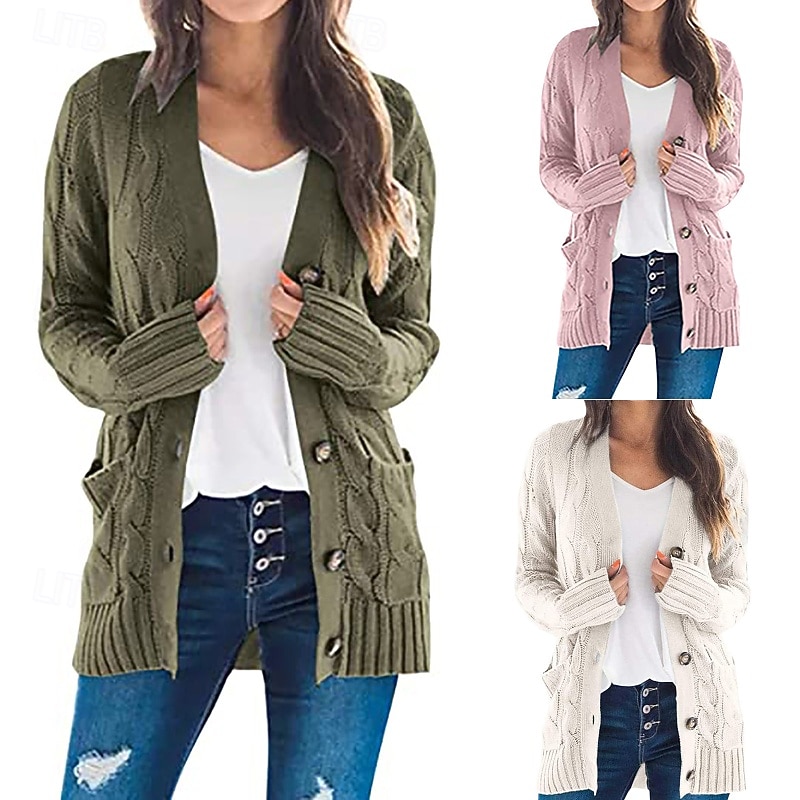 Women's Cardigan Casual Soft Solid Color Cable V Neck Buttons Knitted Long Sleeve Regular Tops Knit Outdoor Holiday Weekend Pink Army Green Fall