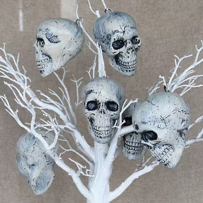 6PCS Halloween Realistic Skull Heads, Life-Like Human Skull Props for Haunted House, Yard, Spooky Decorations, Skeleton Head Ornaments and Hanging Ghost Accessories