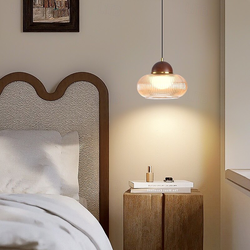 Vintage Classic Pendant Light, Wood Glass Metal Material, 15cm Height, Warm White/White/Neutral Light, LED Integrated, Adjustable Chain2