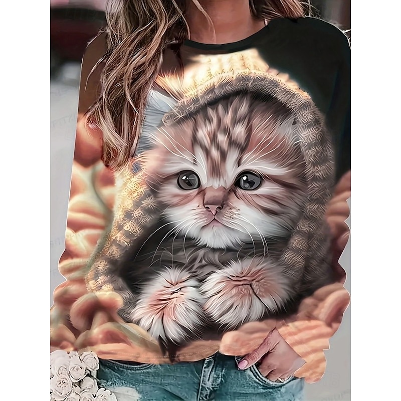 Women's Pullover Sweatshirt Graphic Animal Cat Casual Long Sleeve Crew Neck Regular Tops Street Casual Holiday Print Pink Dark Pink Brown Dark Blue Coffee Spring Fall Winter4