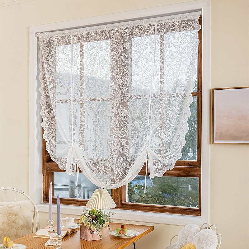 Curtain Drapes Jacquard Lace Fishtail Flower Pull-Up Curtains - Sheer Kitchen & Room Divider Drapes