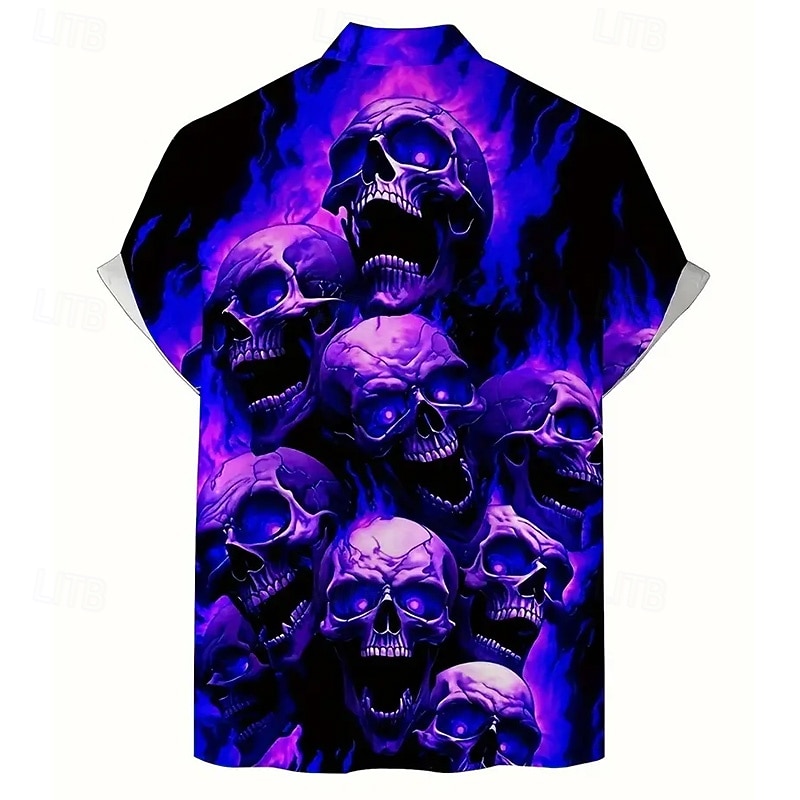 Halloween Men's Flame Halloween Costumes Skulls Shirt Summer Shirt Button Up Shirt Short Sleeve Dark Punk Gothic Style Holiday Streetwear Summer Spring Turndown 3D Print Collared Shirts Purple Orange2