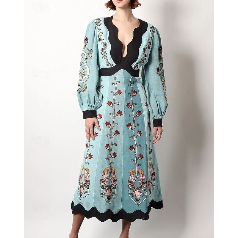 Women's Midi Dress Floral Dress Print Dress Classic Modern Outdoor Vacation Holiday Regular Fit Flower Long Sleeve V Neck Blue Fall2