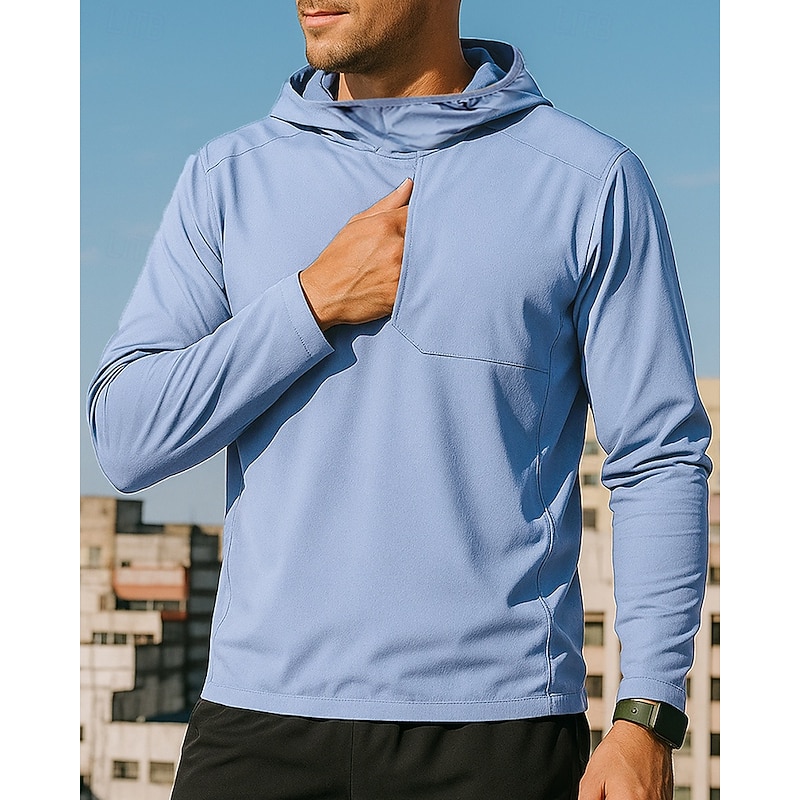 Men's Hoodie Sweatshirt Running Top Pocket Long Sleeve Top Athleisure Fall Solid Colored Sun Protection Windproof Gym Outdoor Running Sportswear Activewear Black Blue Khaki