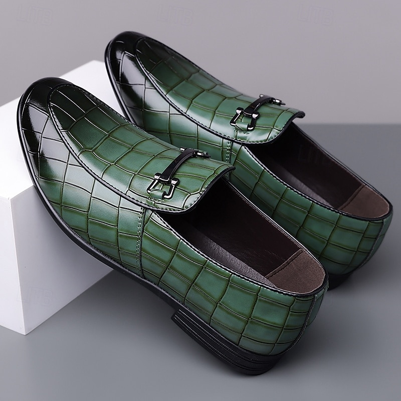 Green Crocodile-Patterned Slip-On Loafers for Men – Casual Business Style, Comfortable Faux Leather Shoes for Office and Daily Wear3