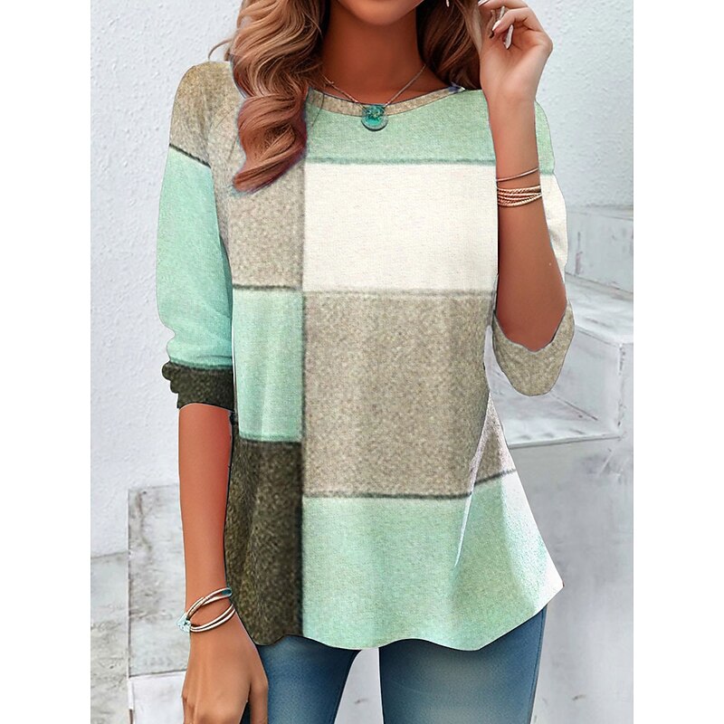 Women's T shirt Crew Neck Long Sleeve Tunic Graphic Geometric Casual  Round Neck Regular Tops Daily Print Pink Purple Green Fall3