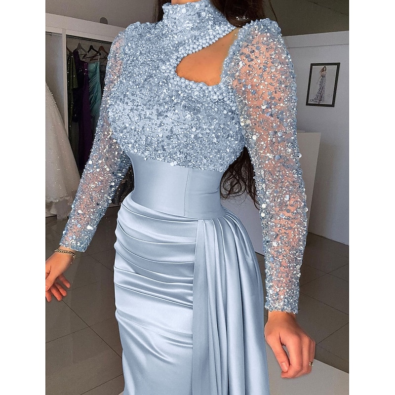 Mermaid Evening Gown Sequin Elegant Dress Formal Sweep / Brush Train Long Sleeve High Neck Satin with Pearls Masquerade Dress
