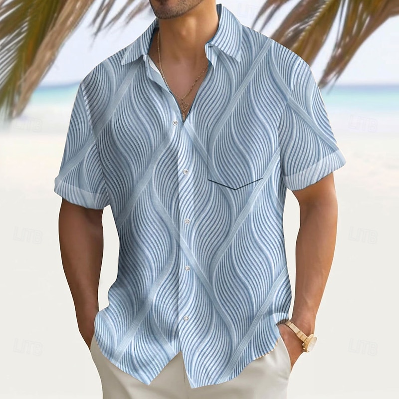 Men's Geometric Waves Shirt Summer Shirt Button Up Shirt Short Sleeve Fashion Casual Outdoor Vacation Dailywear Summer Spring Turndown 3D Print Collared Shirts Front One Pocket Blue Green Khaki Gray4
