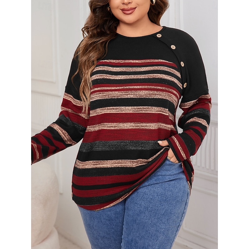Women's Plus Size Tops Blouse Striped Buttons Print Long Sleeve Crew Neck Fashion Streetwear Casual Daily Weekend Knit Spring Fall Black3
