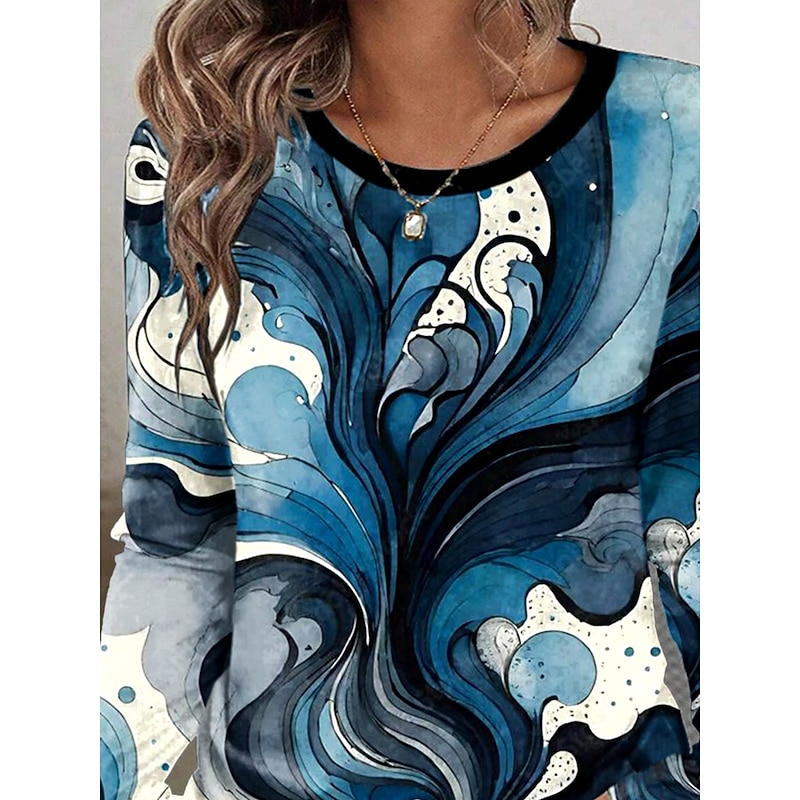 Easter Women's T shirt Crew Neck Long Sleeve Tunic Graphic Cloud Abstract Vintage Stylish Classic  Round Neck Regular Tops Daily Print Yellow Dusty Blue Fall2