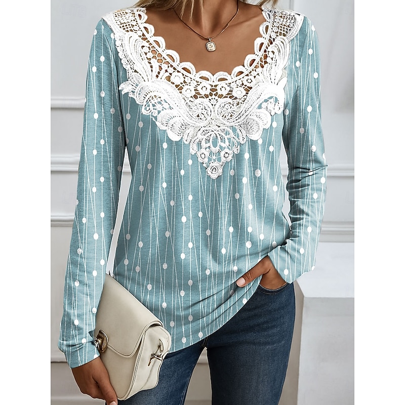 Women's Blouse Tunic Lace Splicing V Neck Long Sleeve Floral Graphic Elegant Round Neck Regular Tops Daily Going out Weekend Lace Patchwork Print Pink Red Blue Orange Spring Fall2