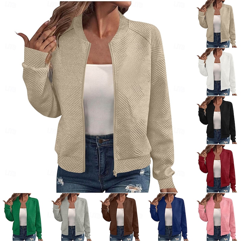 Women's Casual Jacket Sport Jacket Textured Jackets Office / Career Daily Wear Going out Fall Regular Coat Stand Collar Regular Fit Warm Vintage Style Lady Casual Jacket Long Sleeve non-printing