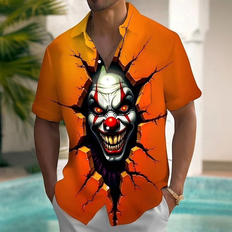 Men's Creepy Clown Joker Clown Shirt Summer Shirt Button Up Shirt Short Sleeve Dark Gothic Style Outdoor Vacation Dailywear Summer Spring Turndown 3D Print Collared Shirts Front One Pocket Orange
