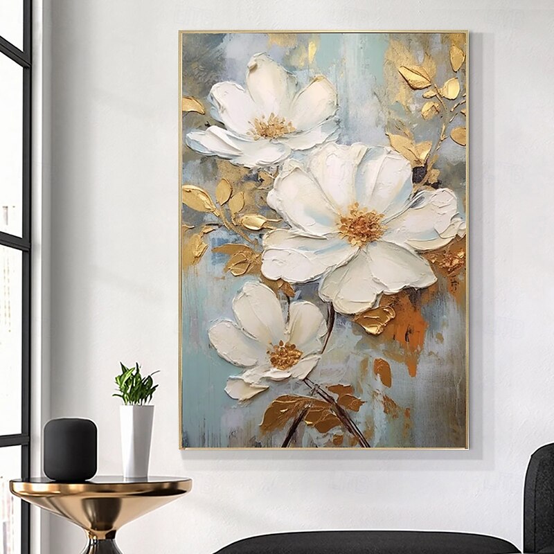 Handmade Oil Painting Canvas Wall Art Decoration Abstract Golden Leaves Big White Flowers for Home Decor Stretched Frame Hanging Painting/Rolled Frameless Unstretched Painting4