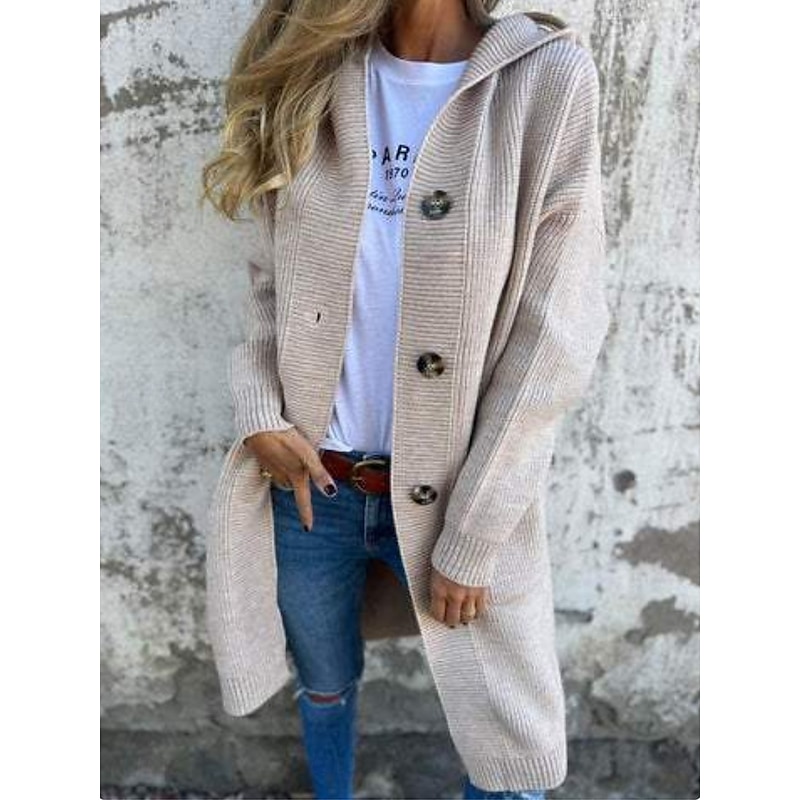 Women's Winter Coat Warm Comfortable Pocket Knit Fashion Daily Plain Outdoor Casual Daily Single Breasted Long Hooded Regular Fit Long Sleeve Outerwear Black Yellow Gray Spring Fall2