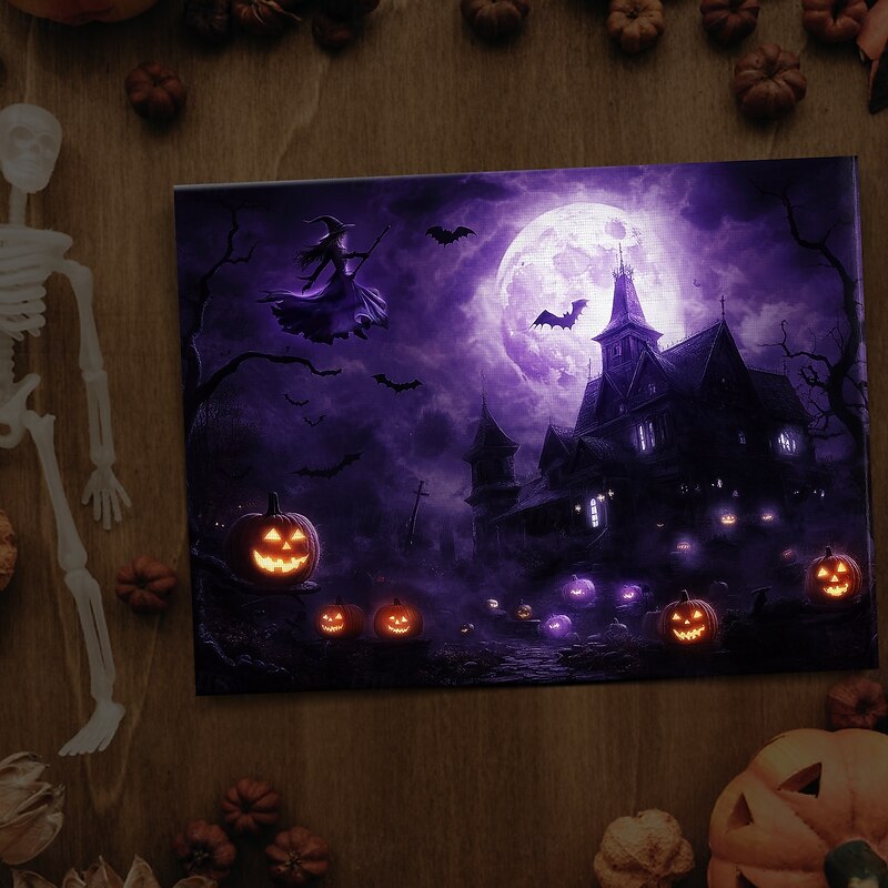 Halloween Purple Sky Haunted Scene LED Canvas Wall Art - Battery Operated Lighted Wall Decor for 2025 Halloween home decoration light livingroom and bedroom4