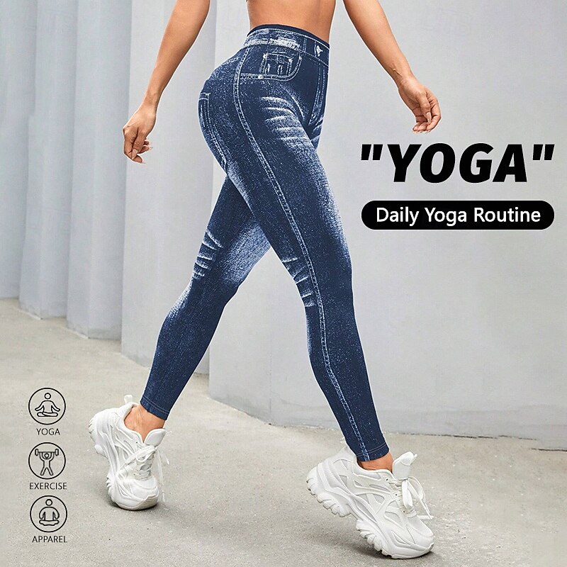 Women's Denim Print Fake Jeans Yoga Leggings Tummy Control High Waist Gym Dance Athletic Bottoms Blue Fall Sports Activewear Tight Fit