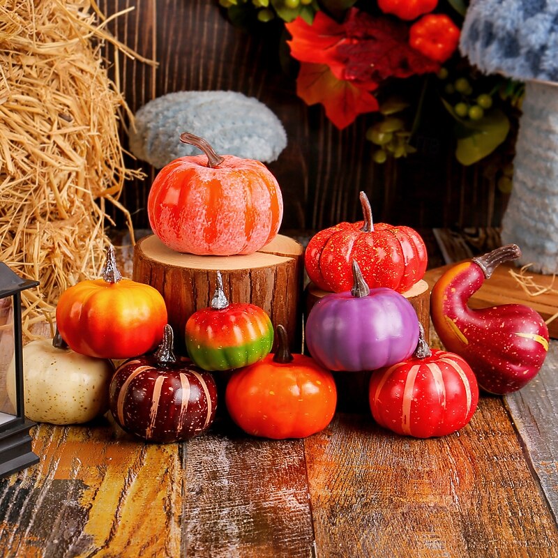 10pcs Artificial Mini Foam Pumpkins Fall Decorations, Harvest Pumpkin Figurines for Halloween Thanksgiving, Faux Vegetable Props for Table Centerpiece, Photo Shoots, Restaurant Window Display