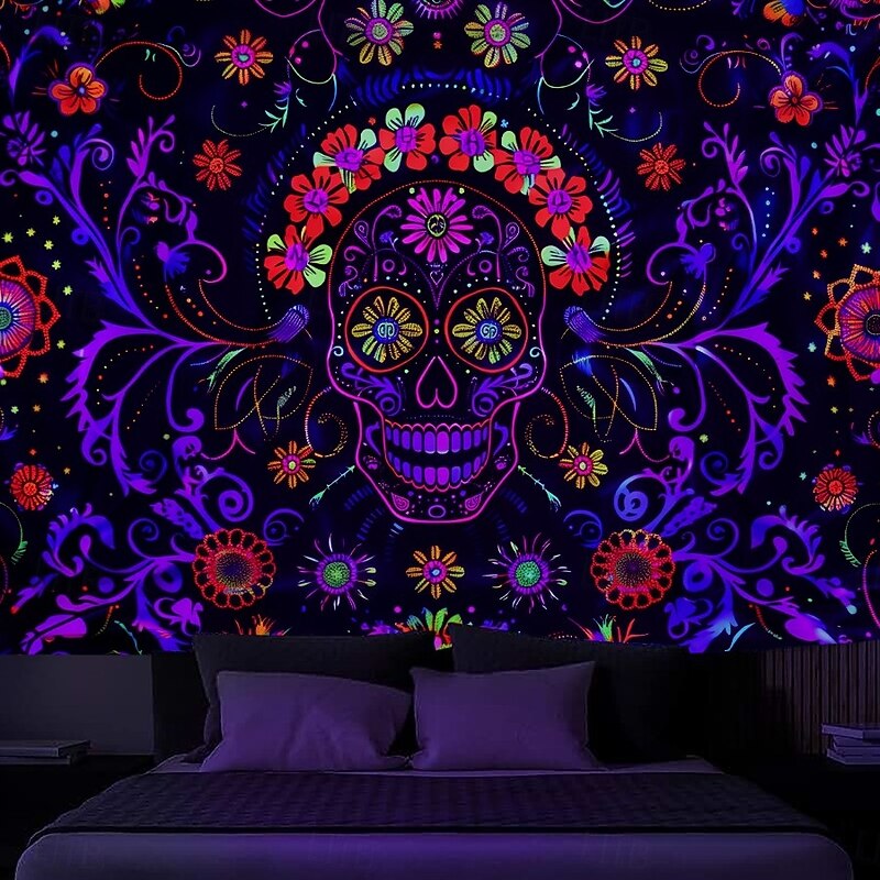 Halloween Blacklight Wall Tapestry – UV Reactive Día de los Muertos Sugar Skulls, Neon Colors Mexican Day of the Dead Theme, Glow in the Dark Wall Hanging for 2025 Halloween Decoration4