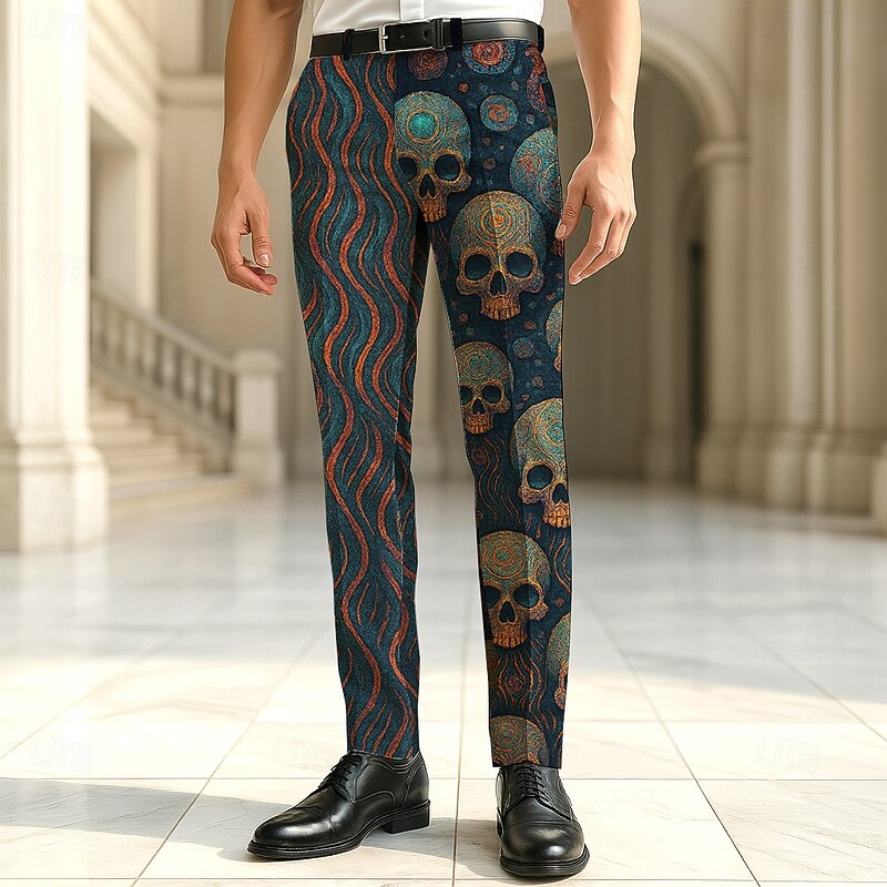 Men's Dress Pants Trousers Suit Pants Geometric Skull Full Length Vacation Holiday Dark Punk Gothic Style Blue Dark Blue Inelastic