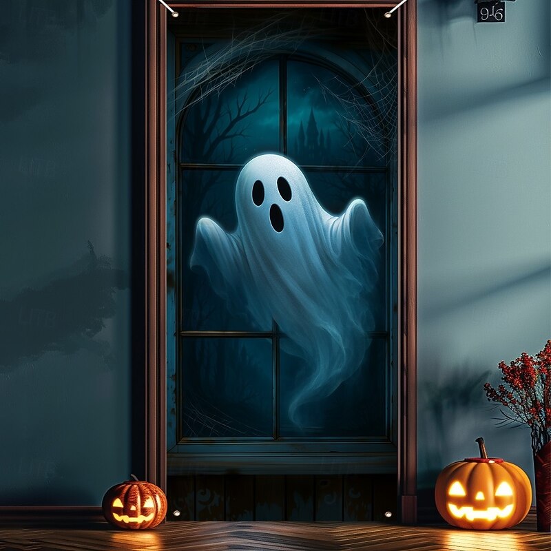 Halloween Door Cover – Cute Ghost and Black Cat in Blue Night Scene, Haunted House Entrance Banner, Spooky Outdoor & Indoor 2025 Halloween Decoration for Bedroom, Living Room, Bathroom4