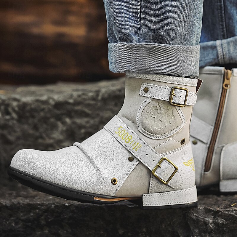 Men's White Faux Leather Moto Ankle Boots with Buckle Straps – Punk Style Fashion Boots for Parties and Streetwear4