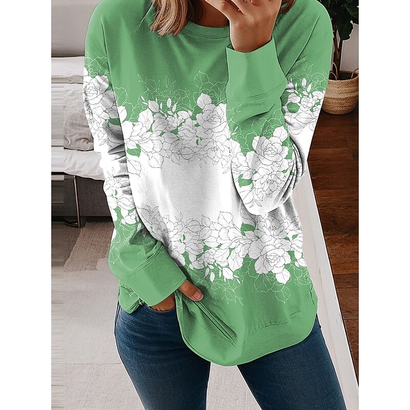 Women's Sweatshirts Floral Graphic Casual Long Sleeve Crew Neck Regular Tops Street Casual Holiday Print Blue Purple Green Khaki Spring Fall Winter4