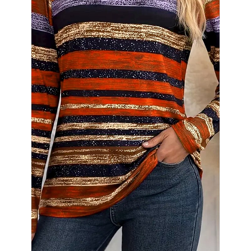 Halloween Women's T shirt Crew Neck Long Sleeve Tunic Graphic Geometric Striped Vintage Stylish  Round Neck Regular Tops Daily Print Wine Orange Fall3