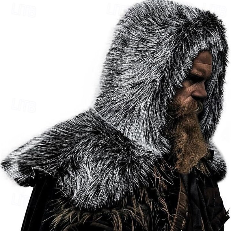 Retro Vintage Medieval Renaissance Hooded Shawls Faux Fur Costume Warrior Viking Fancy Dress Men's Halloween Carnival Performance Party LARP Adults Shawl