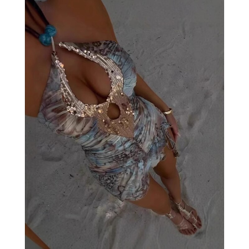 Women's Mini Dress Floral Dress Print Dress Fashion Modern Outdoor Vacation Holiday Regular Fit Flower Sleeveless Halter Neck Light Blue Summer3