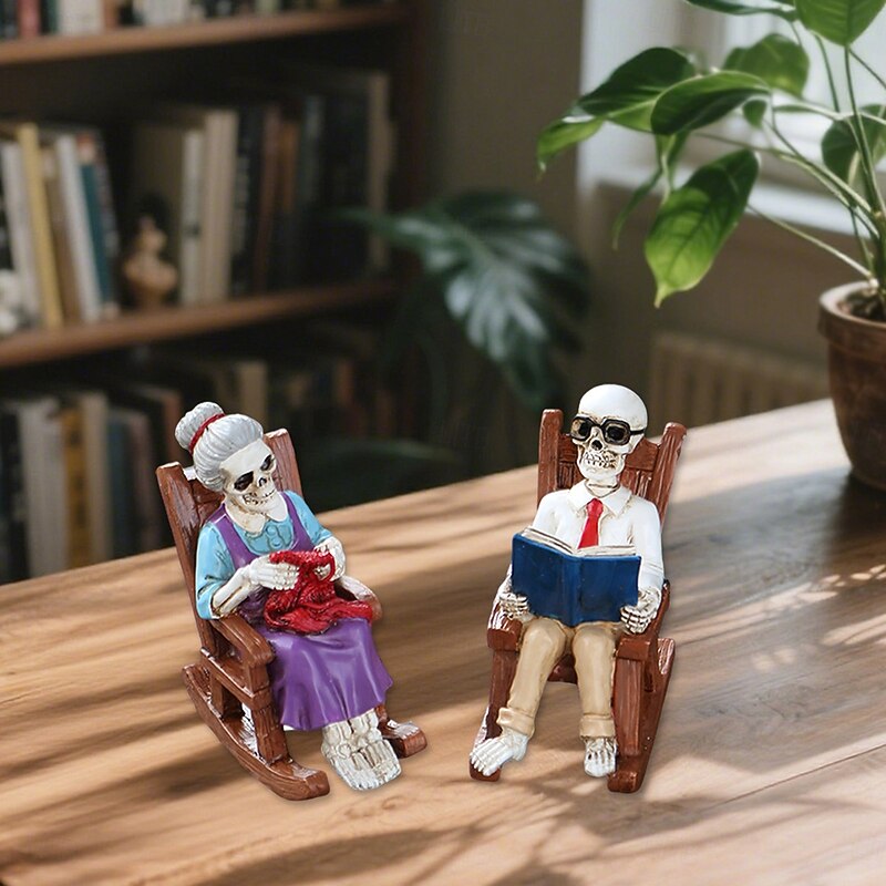 2PCS Halloween Resin Reading Skeleton Elderly on Rocking Chair Figurines, Spooky Outdoor Yard, Lawn, Planter, and Desktop Decorations2