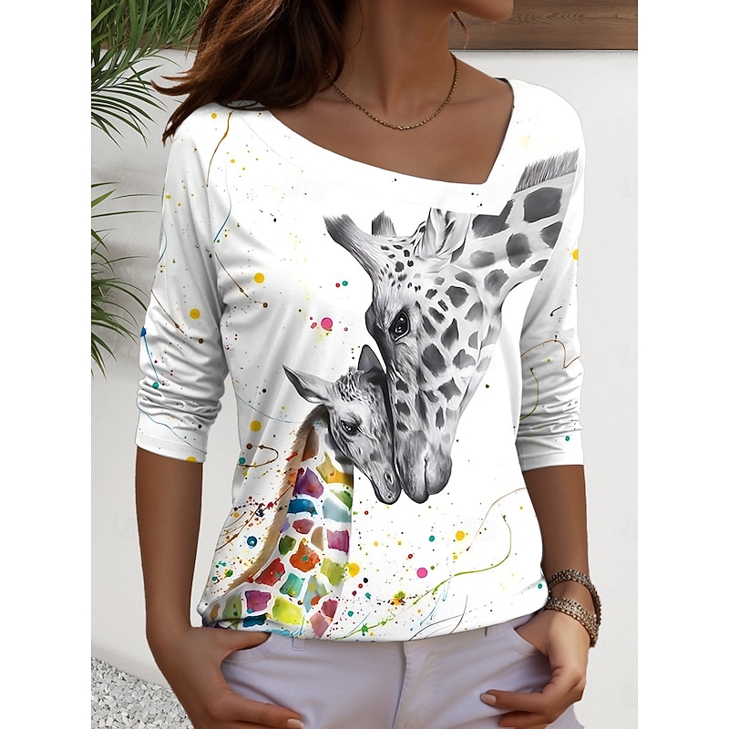 Women's T Shirt Graphic Animal Vintage Casual Long Sleeve Asymmetric Neck Regular Tops Daily Print White Yellow Orange Khaki Summer Spring Fall3