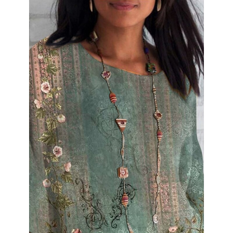 Women's Shirt Floral Daily Casual 3/4 Length Sleeve Crew Neck Regular Tops Daily Holiday Print Green Summer Spring Fall2