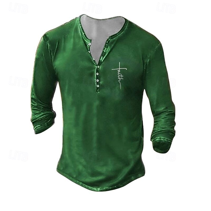 Men's Henley Shirt Tee Tee Top Long Sleeve Shirt Long Sleeve Henley Summer Fall Pattern Faith Fashion Designer Fashion Vintage Vacation Street Going out Dark Grey Black White Top Tee for Men2