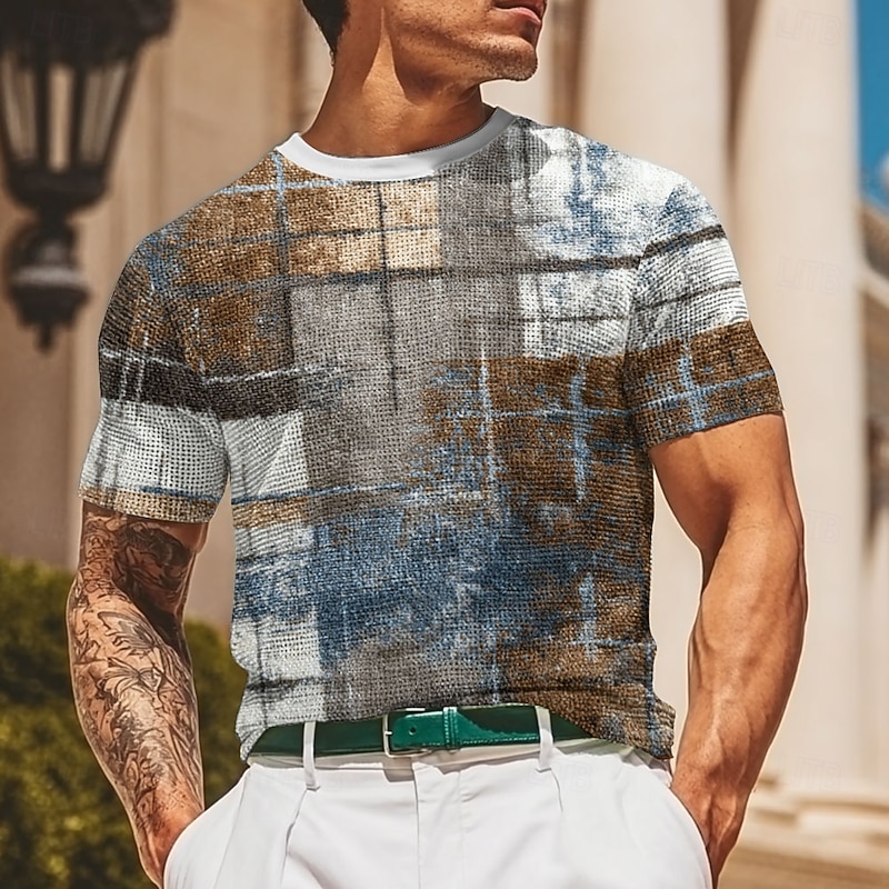 Men's Geometric Line Waffle Shirt Short Sleeve T shirt 3D Print Crew Neck Shirt Fashion Casual Comfortable Street Casual Daily Red Blue Purple Summer Spring All Seasons Clothing Apparel S M L XL XXL