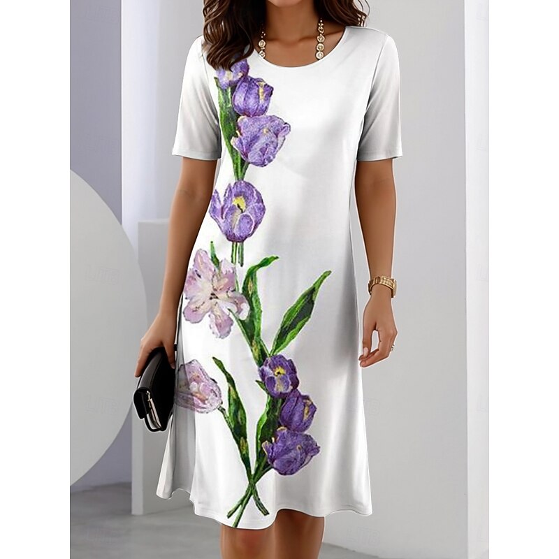 Women's Elegant Party Evening Midi Dress Crew Neck Short Sleeve A Line Dress Summer Dress Casual Daily Regular Fit Floral Graphic White Pink Blue Orange Summer Spring